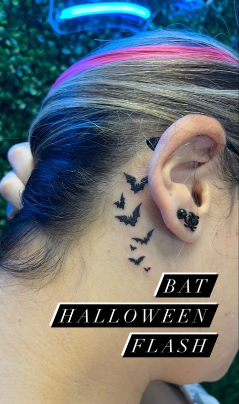 Behind Ear Tattoo Halloween, Bats Tattoo Collar Bone, Bats Tattoo Behind Ear, Behind The Ear Tattoo Bats, Behind The Ear Halloween Tattoo, Bats Tattoo Neck, Bat Wing Behind Ear Tattoo, Bats Neck Tattoo, Halloween Tattoo Behind Ear