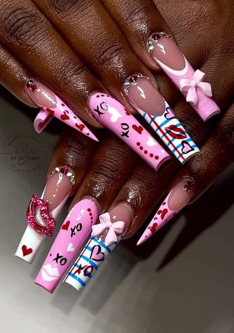 Acrylic Valentine's Day Nails, Extravagant Valentines Day Nails, Cartoon Valentines Day Nails, Valentine’s Day Acrylics, Candy Theme Nails, Love Letter Nails, Red Pink Nails, Stelleto Nails, Valentines Day Nails Pink