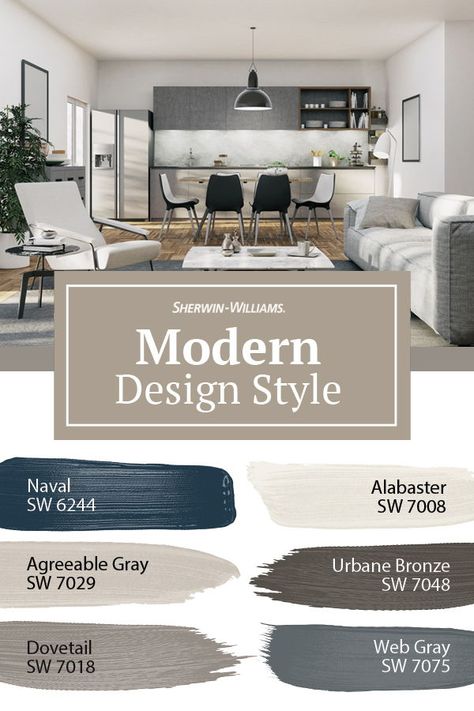 If you celebrate natural materials, neutral or earthy colors and the lack of unnecessary detailing, you'll love this modern paint color palette from Sherwin-Williams. Tap this pin for interior design tips to fit your modern style. #sherwinwilliams #modern #style #paintstyle #paintinspiration #diy Modern Paint Colors, House Color Palettes, Paint Color Schemes, House Color Schemes, Paint Color Palettes, Sherwin Williams Paint Colors, Room Color, Interior Paint Colors, Exterior Paint Colors