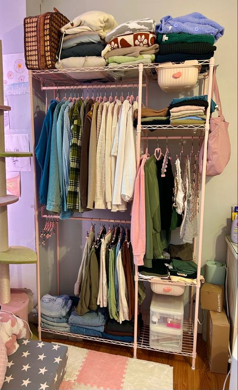 Walk In Closet Clothes Organization, Room Ideas Aesthetic Clothing Rack, Bedroom Storage With No Closet, Small Clothes Storage Ideas, Small Room Clothing Storage Ideas, Closet Rack Organization, Dorm Clothing Storage, Aesthetic Clothing Storage, Dorm Room Storage Ideas Space Saving