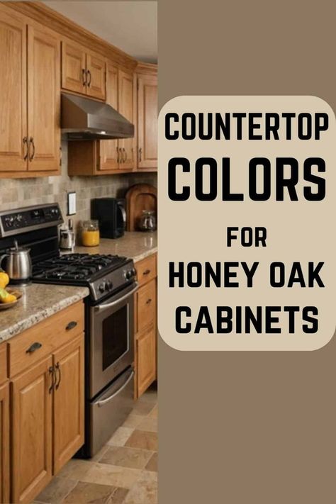 Amazing Countertop Colors for Honey Oak Cabinets - West Magnolia Charm Best Kitchen Colors With Oak Cabinets, Oak With Black Counter, Kitchen Paint Color With Oak Cabinets, Honey Oak Kitchen Cabinets With Black Countertops, Oak Cabinets With White Backsplash, Black Counter Oak Cabinets, Kitchen Designs With Oak Cabinets, Honey Oak Cabinet Black Counter, Oak Cabinets White Quartz Countertops