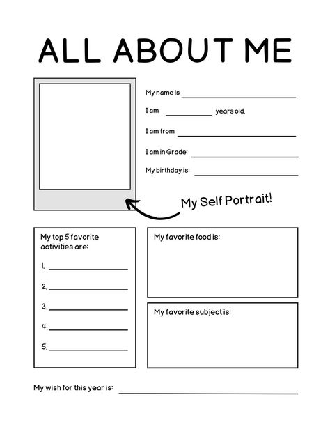 Simple Black and White Student Introduction All About Me Worksheet - Templates by Canva Goodnotes Pages, Printable All About Me, Lds Relief Society Activities, About Me Worksheet, Me Worksheet, Canvas Templates, All About Me Printable, All About Me Worksheet, Back To School Worksheets