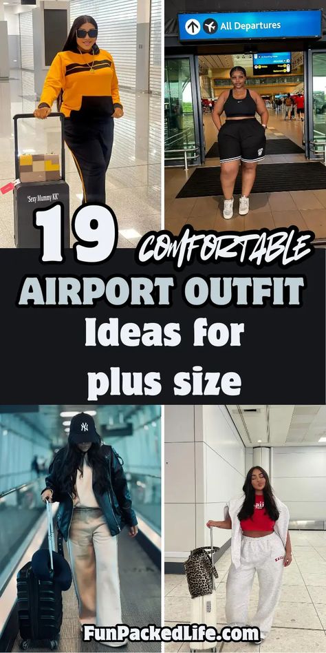 Collage featuring four plus size airport outfit ideas. Top left shows yellow and black color-block sweatsuit with luggage. Top right displays athletic wear with black crop top and shorts at departure gate. Bottom left features casual look with black jacket, beige pants and NY cap. Bottom right shows coordinated white tracksuit with red crop top and leopard print luggage. Outfits For A Trip Casual, Airport Outfit Plus Size Travel, Airport Outfit To Caribbean, Plus Travel Outfits, Plus Size Airplane Outfit, Midsize Airport Outfit, Plus Size Plane Travel Outfit, Airport Fits Black Women, Ny Cap Women Outfit