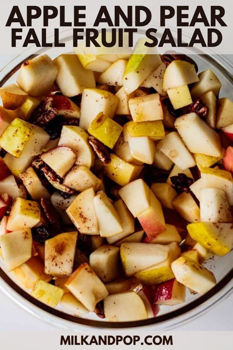 Made with crispy apples, sweet pears, pecans, dried cranberries, and topped with a maple-lemon syrup, this Fall Fruit Salad has all the autumn flavors you crave when the temperature starts to drop. #fruitsalad #fallfruitsalad Fall Fruit Side Dishes, Fruit Salad With Pears, Thanksgiving Fruit Salad Recipes, Fall Fruit Salad Recipes, Fruit Salad With Apples, Paleo Fruit Salad, Fall Fruit Salad, Pizza Fruit, Winter Fruit Salad