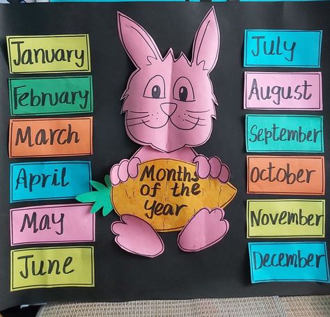 Chart Paper For Classroom, Months Of The Year Bulletin Board, Preschool Decorations Classroom Wall, Class 1 Decoration Ideas, Nursery Chart Ideas, Pp2 Class Decorations, Month Chart Preschool, Months Of The Year Crafts Preschool, Months Chart For Preschool