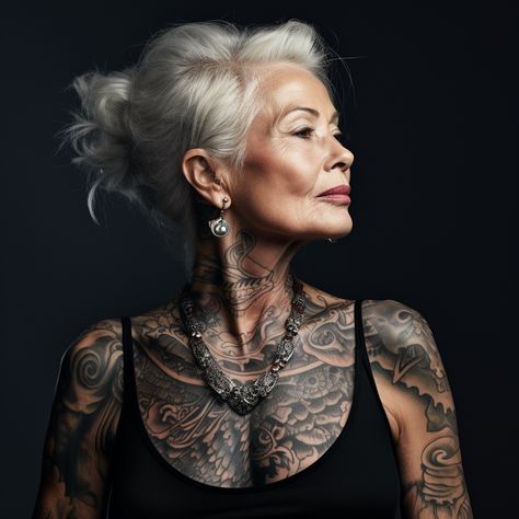 Older Women With Tattoos, Old Women With Tattoos, Woman With Tattoos, 50 Tattoo, Silver Haired Beauties, Grey Hair Inspiration, Tattooed Women, Tattoed Women, Silver Linings