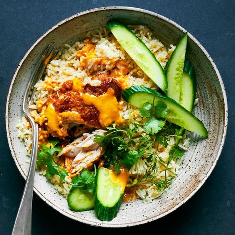 One-Pot Chicken and Rice Recipe | Bon Appétit Peanut Sauce Recipe, Hainanese Chicken, Rice Bowls Recipes, Dutch Oven Recipes, One Pot Chicken, Chicken And Rice, Most Popular Recipes, Oven Recipes, East Asian