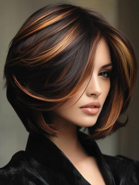 Auburn Bob With Highlights, Brown Hair Bob With Highlights, Highlight Short Hair Color, Hair Color For Short Hair Highlights, Short Auburn Hair Bob, Dark Auburn Hair Color With Highlights, Dark Hair With Copper Highlights, Balayage On Short Hair, Curtain Bangs Bob