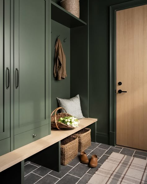 Studio McGee (@studiomcgee) | Instagram Mcgee And Co Mudroom, Studio Mcgee Mudroom, Boho Mudroom, Mudroom Ideas Entryway Laundry, Green Cupboards, Best Cabinet Paint, Small Mudroom Ideas, Functional Laundry Room, Mudroom Remodel