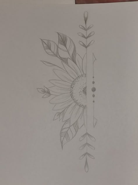 Half sunflower Arrow And Sunflower Tattoos For Women, Sunflower Half Tattoo, Sunflower Tattoo Template, Sunflower Back Tattoo Spine, Half Sunflower Tattoo Design, Flower And Text Tattoo, Half Sun Half Flower Tattoo, Sunflower And Wheat Tattoo, Sunflower Spine Tattoos For Women