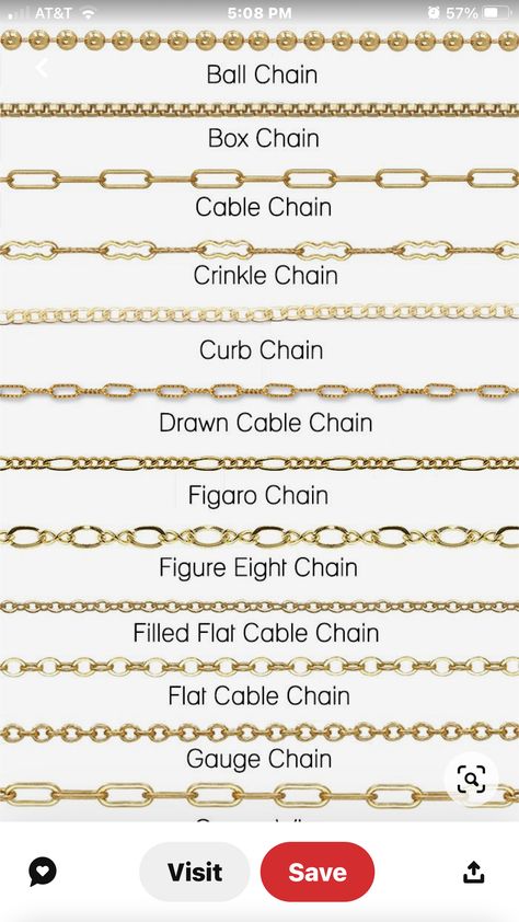 Types Of Chains, Jewelry Knowledge, Figaro Chains, Chain Links, Box Chain, Ball Chain, Art Class, Clothing Ideas, Cable Chain