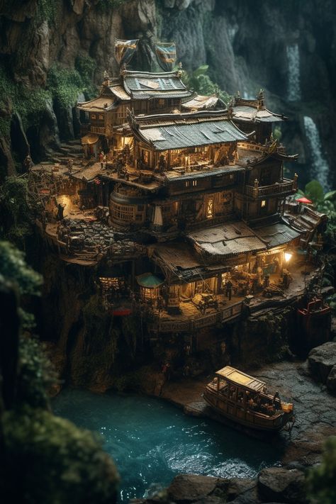 Hidden pirate bay Tortuga Pirate City, Pirate Bay Concept Art, Pirate City Concept Art, Pirate Building Concept Art, Pirate Island Art, Fantasy Pirate Town, Pirate Hideout Concept Art, Pirate Ship Captains Quarters, Fantasy Pirate City