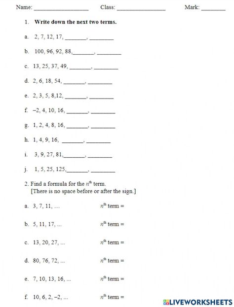 Sequence worksheet for Year 9 or 10 Year 9 Worksheets, Number Sequence Worksheet, Arithmetic Sequences Activities, Math Sequence, Year 9 Maths Worksheets, Sequence Worksheet, Arithmetic Progression, Arithmetic Sequences, Math Exercises