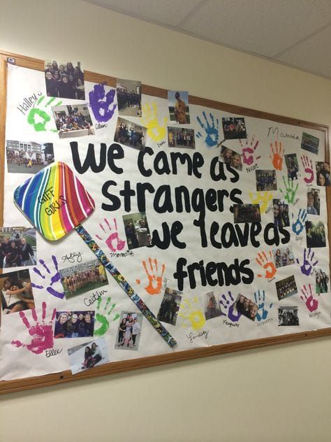 Look Who Is In Our Class Bulletin Board, We Came As Strangers We Leave As Friends, Senior Class Activities Ideas, Orientation Week Activities, College Hallway Decorations, Signature Board Ideas, Senior Decorations Ideas, Picture Bulletin Board Ideas, Photo Bulletin Board Ideas