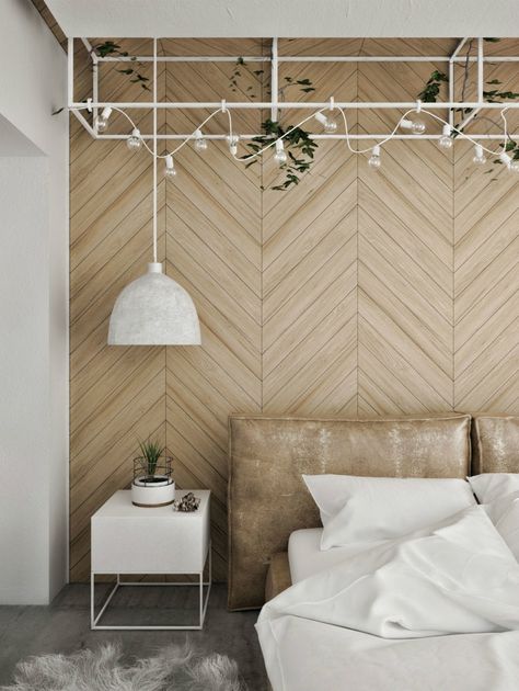 Headboard wall features wooden chevron panelling Modern Loft Interior, Design Interior Modern, Wooden Accent Wall, Contemporary Loft, Feature Wall Bedroom, Loft Interior Design, Headboard Wall, Loft Interiors, Industrial Interior Design