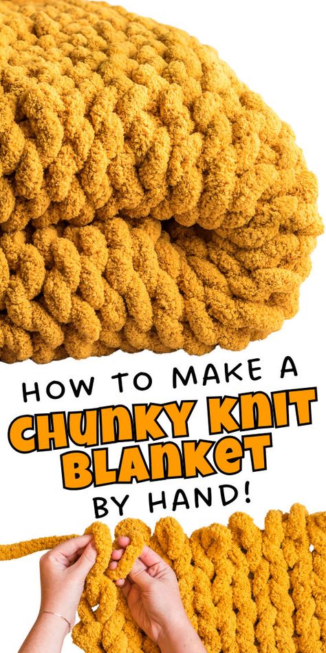 How to make a chunky hand knitted blanket Chunky Hand Knit Blanket, Big Yarn Blanket, Finger Knitting Blankets, Chunky Blanket Diy, Chunky Blanket Pattern, Chunky Knit Blanket Pattern, Chunky Yarn Blanket, Finger Knitting Projects, Chunky Blankets