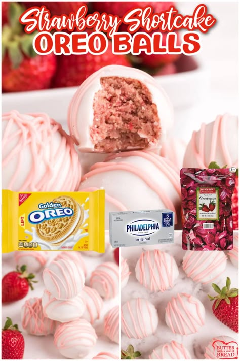 Strawberry Oreo Balls, Strawberry Cheesecake Cake Pops, Strawberry Shortcake Truffles, Strawberry Cheesecake Balls, Strawberry Shortcake Cake Pops, Dessert Ball Recipes, Easy Dessert Gifts, Desert Balls, Oreo Cheesecake Balls