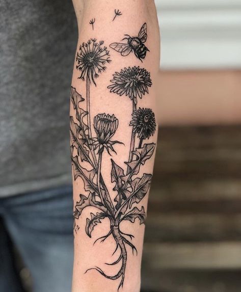 Original design by Lauren Damon at Riverside Tattoo Parlor in Thunderbolt, Georgia.  Follow her on IG @laurendamon.tattoo or the shop @riversidetattooparlor Nature Bicep Tattoo, Cottagecore Tattoos Sleeve, Dandelion Sleeve Tattoo, Earthy Tattoos Sleeve, Milk Thistle Tattoo, Tattoo Ideas Cottagecore, Herb Bundle Tattoo, Cottagecore Sleeve Tattoo, Nature Patchwork Tattoo Sleeve