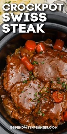 Crockpot Swiss Steak, Steak Crockpot, Swiss Steak Recipes, Crockpot Steak, Swiss Steak, Round Steak, Hamburger Steak, Cube Steak, Carrots Celery