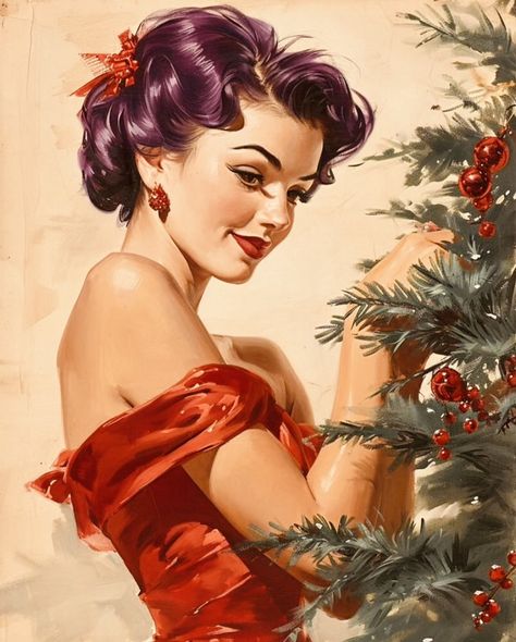 Pin Up Christmas Vintage, Christmas Pin Up Girl Vintage, Vintage Christmas Aesthetic Cartoon, Mistletoe Pose Reference, Christmas Pinup Art, Christmas Pose Reference, Aesthetic Christmas Art, Vintage Christmas Pinup, Christmas Vintage Illustration