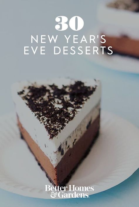 Make these New Year's Eve desserts for your next party. These easy dessert recipes will help you celebrate the new year. #dessert #newyearseve #newyearsdessert #bhg Ew Years Eve Desserts, New Year’s Party Desserts, New Year Day Dessert Ideas, New Year Baking Ideas, Deserts For New Year’s Eve, New Years Desserts Ideas, New Years Desserts Fancy, New Years Eve Cake Ideas Simple, New Year’s Eve Dessert Recipes