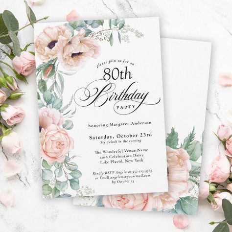 Pink And Beige Watercolor Floral 80Th Birthday Invitation #zazzle #weddinginvitations #birthdayinvitations #babyshowerinvitations #zazzleinvitations #monogram #businesscards #graduation #homedecor 75th Birthday Invitations, Classy Birthday Party, Botanical Birthday, Beige Watercolor, Birthday Party Decorations For Adults, 90th Birthday Invitations, 75th Birthday Parties, 60th Birthday Party Invitations, Pastel Beige