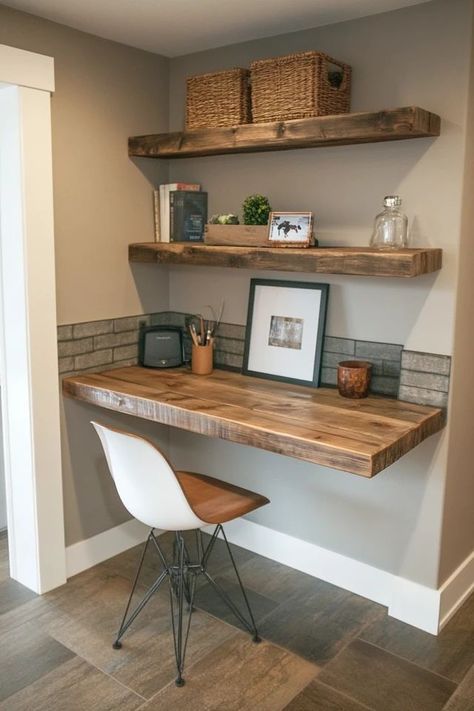 "Maximize your workspace with a DIY Floating Desk! 🛠️💻 Perfect for creating a sleek, modern desk that saves space and adds style. 🌟✨ #FloatingDesk #DIYProjects #WorkspaceDesign" Standing Desk Diy Adjustable, Office Tv Room Combo, Home Office Tv Room Combo, Floating Desk Office, Floating Desk Diy, Floating Desk Ideas, Diy Floating Desk, Diy Standing Desk, Craft Room Closet