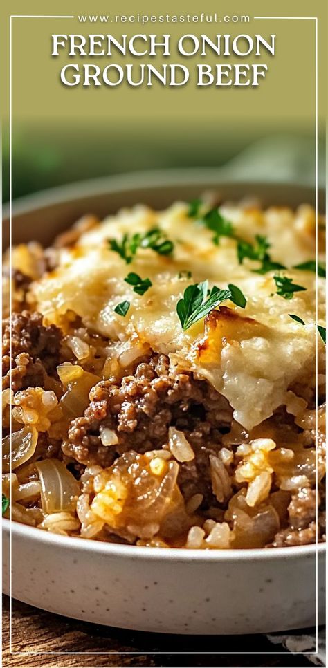 This French Onion Ground Beef and Rice Casserole is a comforting and hearty dish perfect for family dinners. Ground beef is sautéed with caramelized onions, seasoned to perfection, and mixed with rice and beef broth, then baked to create a flavorful, cheesy casserole. Topped with Swiss cheese, crispy French fried onions, and fresh parsley, it’s the perfect balance of savory flavors and textures. Meals To Make With Ground Beef, Dinners Ground Beef, French Onion Ground Beef, French Fried Onion Recipes, Ground Beef And Rice Casserole, French Onion Casserole, Rice And Beef, Beef And Rice Casserole, Hotdish Recipes