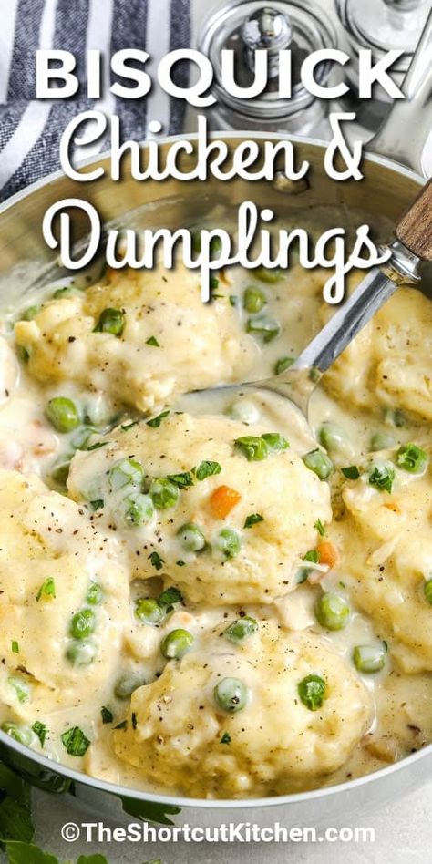 Bisquick chicken and dumplings in a pot with a spoon and writing Chicken And Bisquick, Bisquick Chicken And Dumplings, Chicken And Bisquick Dumplings, Dumplings Crockpot, Bisquick Dumplings Recipe, Easy Chicken Dumpling Recipes, Bisquick Dumplings, Best Chicken And Dumplings, Bisquick Recipe