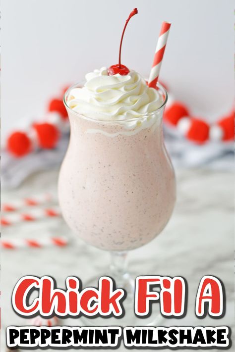 This copycat Chick Fil A Peppermint Milkshake is a delicious duplicate of everyone's favorite Chick Fil A holiday treat! Peppermint Milkshake Chickfila Recipe, Chick Fil A Peach Milkshake Recipe, Peppermint Shake Chick Fil A, Copycat Chick Fil A Peppermint Milkshake, Copycat Swig Drinks, Christmas Milkshakes For Kids, Chick Fil A Peppermint Milkshake Recipe, Chick Fil A Milkshake Recipe, Chick Fil A Peppermint Milkshake