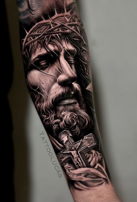 Guys Arm Tattoos Sleeve, Arm Tattoo Black Man, God Forearm Tattoo Men, Half Arm Sleeve Tattoos Men, Jesus Tattoo Men, God Arm Tattoo, Jesus 3d Tattoo, Jesus Tattoo Design For Men, Small Christian Tattoos For Men