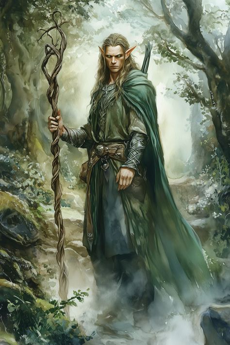 Sylvion Helyndar stands tall, with a lean and toned physique typical of his elven kin. His skin is a smooth, soft green, reminiscent of new leaves in spring. Long, flowing hair, a deep chestnut brown, hangs freely down to his shoulders, streaked with hints of vibrant emerald. His almond-shaped eyes are a vivid gold, sharp and keen, often adorned with small wooden beads. He carries a staff made of... Dnd Druid Male, Male Druid, Eladrin Elf, Elf Kingdom, Elven Druid, Elf Carving, Character Showcase, Dnd Ranger, Druid Dnd