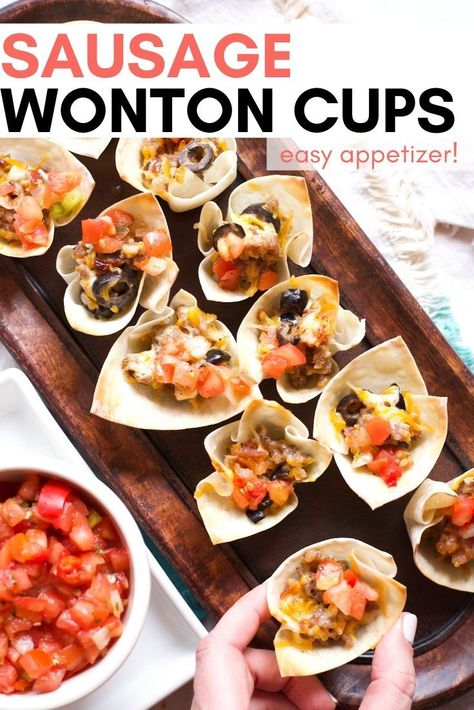 These SAUSAGE WONTON CUPS are an easy appetizer that’s a hit at parties! Sausage, bacon, cheese, and ranch dressing baked in a wonton cup and topped with salsa. #wonton #appetizer #sausage #bacon #lifealittlebrighter #salsa #easyappetizer #prepahead Sausage Wonton Cups, Appetizer Sausage, Easy Yummy Dips, Brat Sausage, Baked Sausage, Cheesy Bacon Dip, Wonton Cups, Cocktail Appetizers, Festive Appetizers