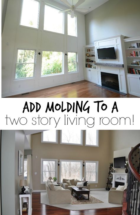 Decorate Two Story Living Room, Shiplap Two Story Living Room, 2 Story Living Room Molding, Wall Molding 2 Story Living Room, Decorating 2 Story Walls, Two Story Living Room Wall Moldings, Decorate 2 Story Living Room, How To Decorate Two Story Walls, How To Decorate 2 Story Living Room Wall