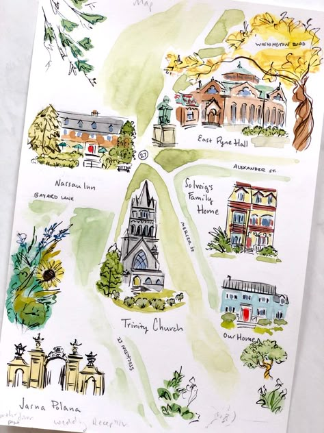 Solveig's wedding map trinity church, yale university, jasna polana Watercolor Map Wedding Invitations, Watercolor Map Wedding, Wedding Map Illustration, Map Art Illustration, Watercolour Map, Jolly Edition, Watercolor Stationary, Watercolor Wedding Map, Doodle Wedding