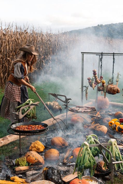 Cooking Events — Sarah Glover Cooking Outside Aesthetic, Live Fire Cooking, Outdoor Fire Cooking, Homestead Meals, Sarah Glover, Cooking In Nature, Cosy Food, 1 Acre Homestead, English Country Fashion