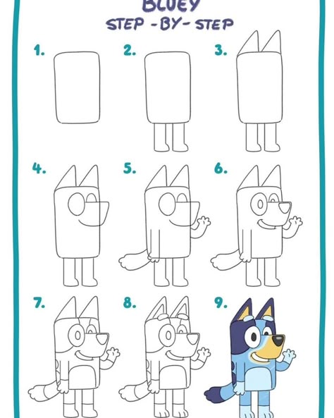 Draw Bluey Easy, How To Draw Bingo, Bluey Sketches, Bluey Painting Ideas, How To Draw Bluey Characters, How To Draw Bluey, Bluey Painting, 13 Drawing, Trin For Trin Tegning