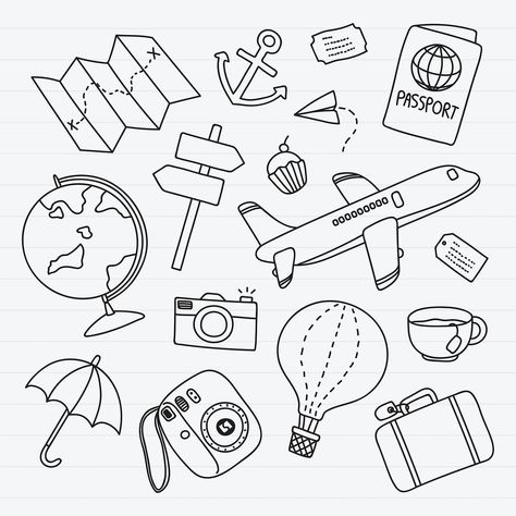 Travel Illustration Drawing, Doodle Themes, Travel Doodle, Travel Vector, Travel Doodles, Desain Buklet, Doodle Art Journals, Travel Drawing, Travel Icon