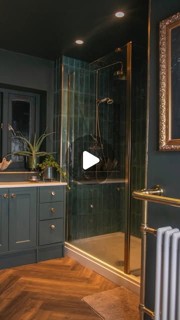 Ruby Ardolino on Instagram: "Our moody bathroom transformation 🚿✨

The bathroom is now complete and I couldn’t be happier. We set out to create a dark & opulent space, but with a sense of calm, which we brought through blue-green tones that embody the sea.

Our design was a little unconventional—we replaced the bath with a luxurious walk-in shower with brass accents (the keswick system by @roperrhodes) for a traditional look. We continued the brass accents over in the sink area with gorgeous sconces and taps by Roper Rhodes, as well as a vintage mirror. 

PR | In place of the old shower, we opted for functional fitted furniture that suits our busy lifestyles perfectly, this furniture was kindly gifted by @roperrhodes. 

✨ Furniture finish - Juniper Green by Roper Rhodes
✨ Wall Colour - St Moody Bathroom, Juniper Green, Roper Rhodes, Furniture Finish, Bathroom Transformation, Wall Colour, Studio Green, Fitted Furniture, Furniture Finishes