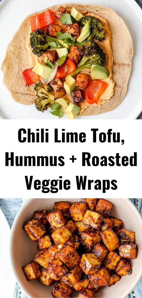 Aug 8, 2021 - Chili lime tofu hummus veggie wraps: Tofu baked to perfection with lime and Mexican spices, chipotle hummus, roasted broccoli and peppers, and avocado, all wrapped up in a soft, floury tortillas. The perfect fun, high Vegan Tofu Wrap Recipes, Vegan Veggie Wraps, Fun Tofu Recipes, Tofu Meals Healthy, Roasted Veggie Wrap, Vegan Tofu Wrap, Tofu Wrap Recipe, Healthy Tofu Dinner, Vegan Wrap Ideas