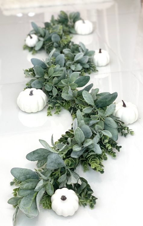 Sage Green And White Fall Decor, White Pumpkins Wedding Decorations, Fall Wedding White Pumpkins, Fall White Pumpkin Wedding, Lambs Ear Wedding Centerpieces, Green Themed Engagement Party, White Pumpkin Wedding Decor, White Pumpkin Wedding, White Pumpkins Wedding