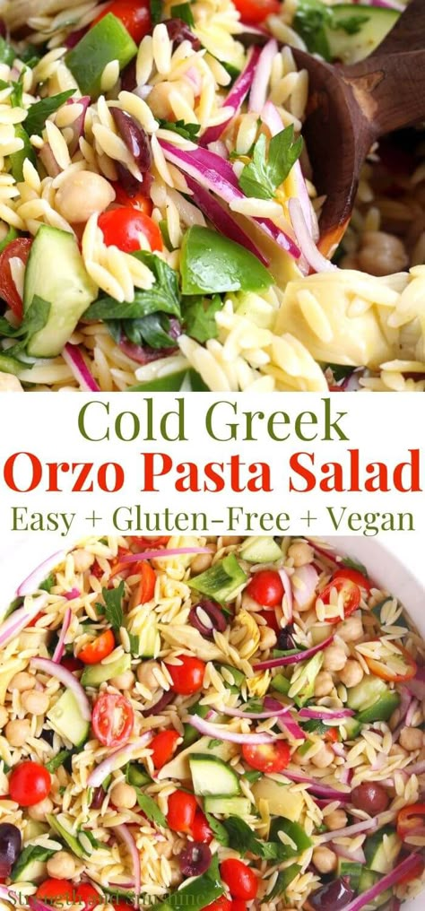 Orzo Pasta Salad (Gluten-Free, Vegan) | Strength and Sunshine | This cold Orzo Pasta Salad recipe is gluten-free, vegan, and allergy-free! This Greek-inspired orzo pasta salad is packed with fresh crisp veggies, kalamata olives, artichokes, chickpeas, and tender orzo, tossed with simple homemade vinaigrette! A healthy Mediterranean side dish that's easy and quick to whip up for potlucks, cookouts, and light meal prep lunches for the week! Christmas Orzo Pasta Salad, Gluten Free Orzo Pasta Salad, Gluten Free Orzo Salad, Orzo Salad With Chickpeas, Orzo Pasta Salad With Cranberries, Creamy Orzo Pasta Salad, Fall Orzo Salad Recipes, Orzo Pasta Salad With Feta And Spinach, Cold Orzo Recipes