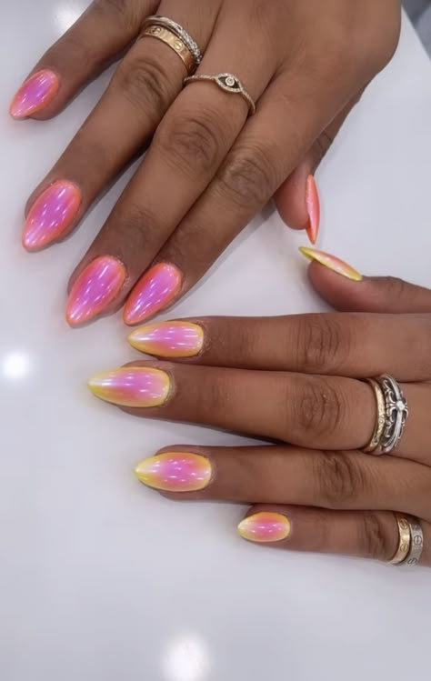 Pink Rainbow Chrome Nails, Super Bright Nails, Aura Nails Dip Powder, Colourful Almond Nails, Crazy Cool Nails, Bright Aura Nails, Blue And Pink Aura Nails, Aura Nail Inspo Almond, Lexi Hidalgo Nails