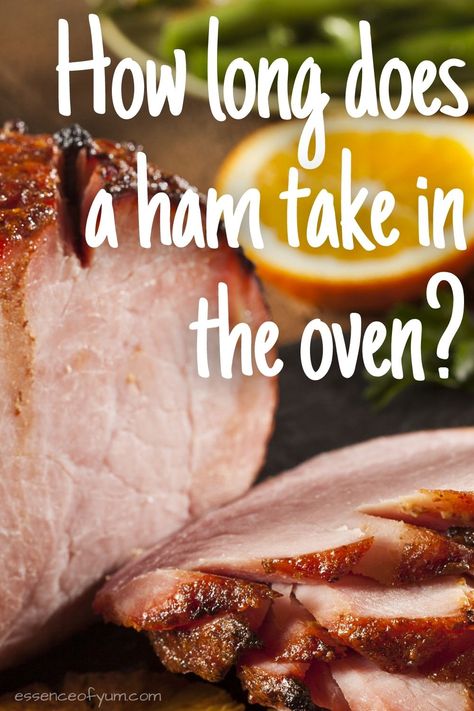 Closeup of a boneless baked ham and a stack of slices with the text how long does a ham take in the oven? Best Baked Ham Recipe, Cooking Ham In Oven, Ham In Oven, Ham Cooking Time, Boneless Ham Recipe, Recipes With Cooked Ham, Cook A Ham, Precooked Ham, Honey Baked Ham Recipe