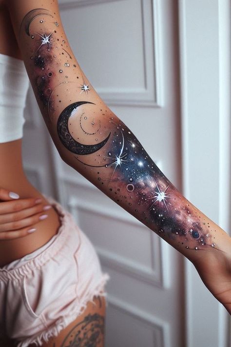 Galactic nymphs with inked wings—because ordinary fairies are so last millennium. Large Star Tattoos For Women, Universe Leg Tattoo, Sun And Moon Galaxy Tattoo, Watercolor Celestial Tattoo, Starry Night Tattoo Ideas, Space Hand Tattoo, Lunar Tattoo Ideas, Unique Tattoos With Meaning For Women, Men Tattoo Stencil