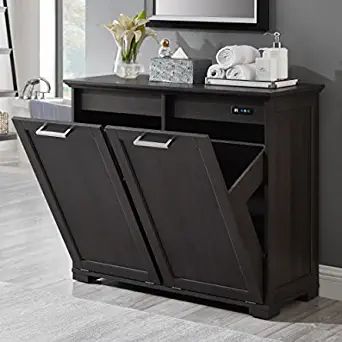 Recycling Storage Ideas, Hidden Trash Can Kitchen, Hidden Trash Can, Tilt Out Trash Cabinet, Laundry Stuff, Wooden Trash Can, Hamper Cabinet, Grey Kitchen Ideas, Hide Trash Cans