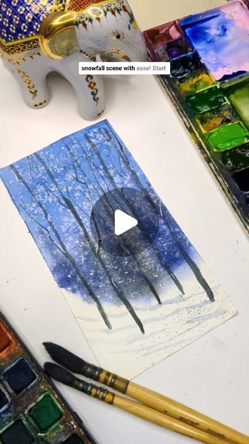 Watercolor Snow Scenes Easy, How To Paint Snow In Watercolor, Watercolour Winter Landscape, Painted Winter Scenes, Watercolor Winter Scenes Tutorials, Easy Winter Watercolor Paintings, Winter Watercolor Paintings Tutorials, Winter Watercolor Art, Winter Watercolor Tutorials