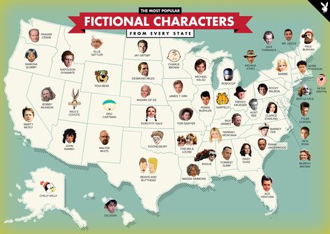 The most popular fictional character from every state [2500 x 1777] - Imgur Literature Characters, Famous Fictional Characters, Drop Everything And Read, Mr Deeds, Hulk Character, Fiction Characters, Interesting Maps, Character Types, Teacher Memes