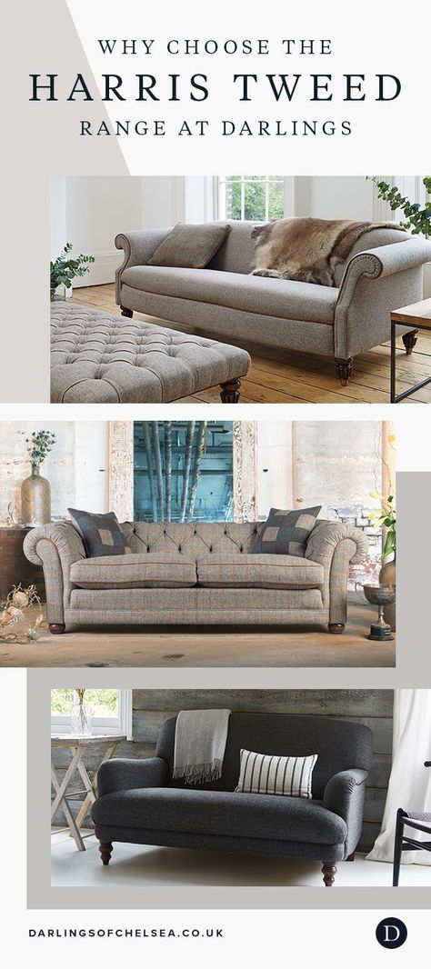 If you're looking for a sofa that shouts heritage but oozes a calm sophistication, our Harris Tweed range is for you. Take a look at our blog to find out more. #interiortrends #harristweed #livingroom #luxurysofa #darlingsofchelsea Harris Tweed Sofa, Tweed Couch Living Room, Small Pull Out Couch, Tweed Couch, Comfortable Sleeper Sofa, Most Comfortable Sleeper Sofa, Tweed Sofa, Covered Sofa, Tweed Furniture