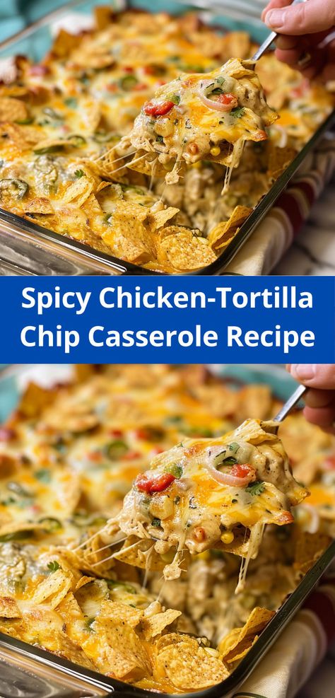 Tasty spicy chicken-tortilla chip casserole. Quick and easy to make! Chicken Tortilla Bake, Tortilla Casserole Recipes, Mexican Tortilla Casserole, Crockpot Mexican Chicken, Chicken Tortilla Casserole, Mexican Casseroles, Chicken Taco Casserole, Tortilla Casserole, Recipes Using Rotisserie Chicken